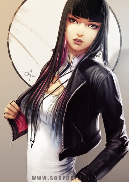Anime picture 666x941 with souracid (artist) single long hair tall image looking at viewer fringe black hair standing brown eyes signed pink hair realistic open clothes open jacket hand on hip girl jacket pendant