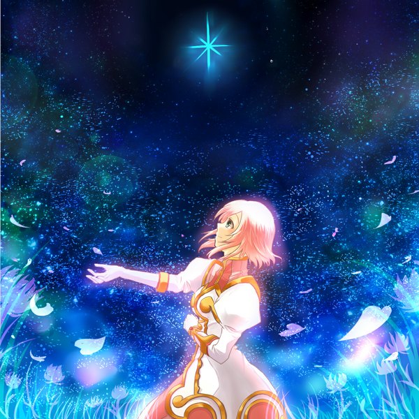 Anime picture 1024x1024 with tales of (series) tales of vesperia estellise sidos heurassein single short hair smile green eyes pink hair profile night night sky outstretched arm girl petals star (stars)