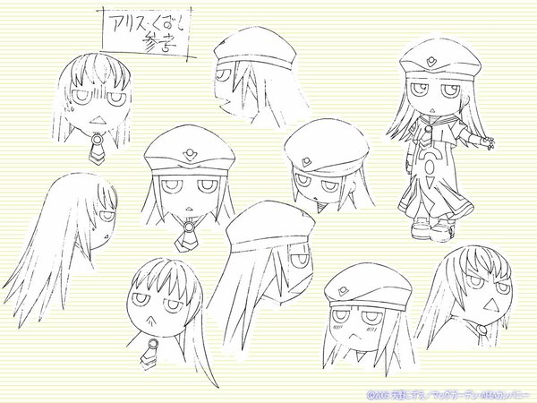 Anime picture 1024x768 with aria alice carroll monochrome lineart character sheet production art