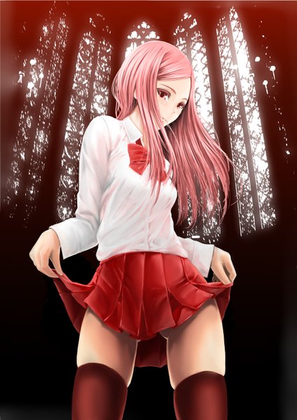 Anime picture 1191x1684 with original gonza (artist) single long hair tall image pink hair pink eyes zettai ryouiki girl thighhighs skirt black thighhighs miniskirt shirt