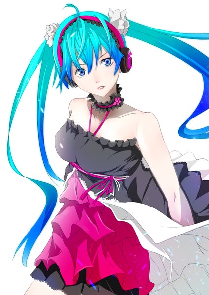 Anime picture 2508x3541 with 7th dragon vocaloid hatsune miku tatsuya (1223496) single long hair tall image looking at viewer blush highres open mouth simple background white background twintails bare shoulders ahoge aqua eyes lips aqua hair teeth