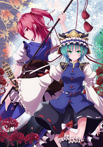 Anime picture 818x1171 with touhou onozuka komachi shikieiki yamaxanadu nikka (cryptomeria) tall image short hair red eyes multiple girls green eyes blue hair red hair girl thighhighs dress flower (flowers) black thighhighs 2 girls hat frills higanbana