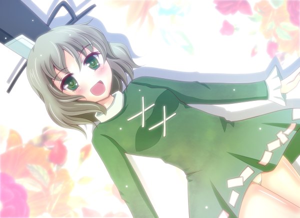 Anime picture 1200x873 with touhou soga no tojiko pakapom (artist) blush short hair open mouth green eyes grey hair girl dress