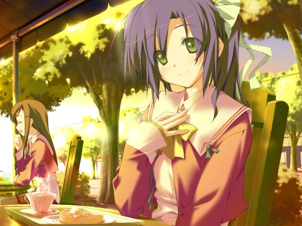 Anime picture 1600x1200 with happy margaret nishinomiya shizuru kokonoka long hair blush smile brown hair sitting multiple girls green eyes game cg purple hair ponytail girl uniform 2 girls school uniform food