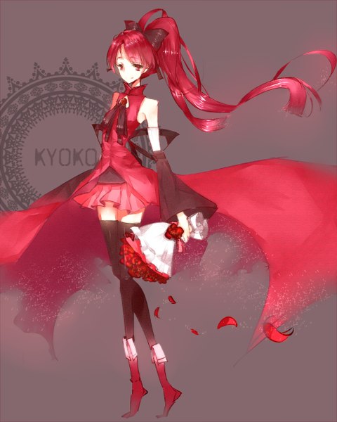 Anime picture 2000x2500 with mahou shoujo madoka magica shaft (studio) sakura kyouko tagme (artist) long hair tall image highres simple background ponytail red hair girl thighhighs dress flower (flowers) black thighhighs detached sleeves bouquet