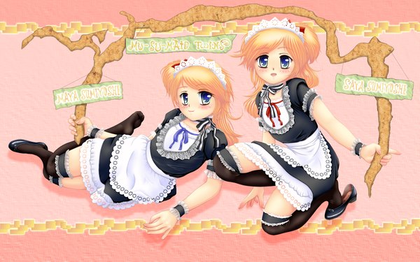 Anime picture 1920x1200 with original comma long hair highres blue eyes blonde hair wide image multiple girls maid twins girl thighhighs black thighhighs 2 girls headdress maid headdress