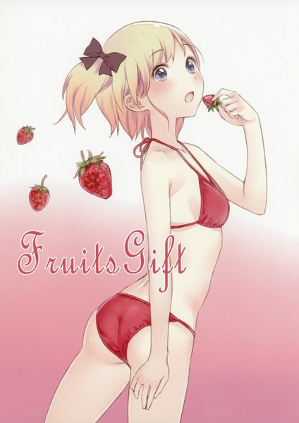 Anime picture 2468x3495 with fruits gift (artbook) kishida mel single tall image blush highres short hair open mouth blonde hair purple eyes inscription pink background girl bow swimsuit hair bow bikini food berry (berries) strawberry