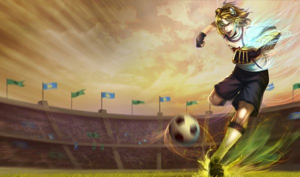 Anime picture 1215x717 with league of legends ezreal (league of legends) single fringe short hair open mouth blonde hair wide image full body glowing evening sunset running football boy gloves plant (plants) shirt socks shorts