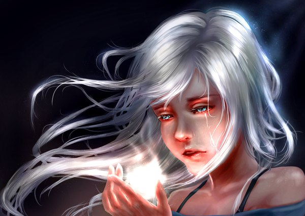 Anime picture 3508x2480 with original b1tterrabbit single long hair highres bare shoulders absurdres silver hair parted lips aqua eyes lips realistic floating hair portrait crying glow girl