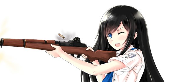 Anime picture 1563x727 with original allenes single long hair blush open mouth blue eyes black hair simple background wide image white background signed one eye closed wink girl weapon gun
