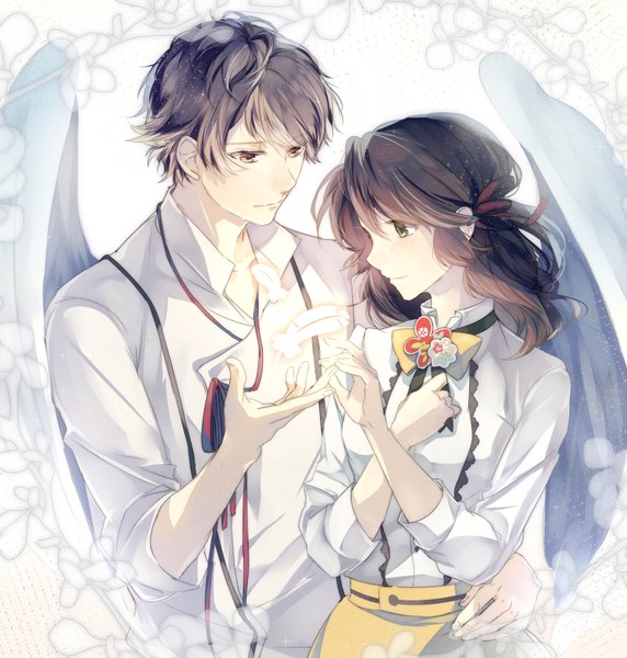 Anime picture 1716x1800 with nil admirari no tenbin idea factory kuze tsugumi sagisawa rui onoco long hair tall image blush fringe highres short hair hair between eyes brown hair brown eyes green eyes profile embarrassed couple hug angel wings