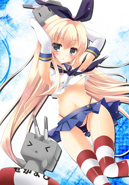 Anime picture 800x1142 with kantai collection shimakaze destroyer rensouhou-chan rinka (yuyutei) single long hair tall image looking at viewer blush blue eyes light erotic blonde hair midriff :3 > < girl thighhighs gloves navel weapon