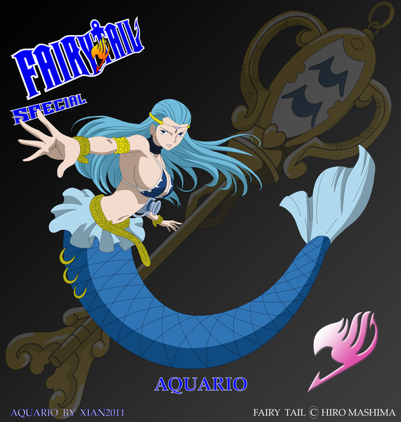 Anime picture 2056x2161 with fairy tail aquarius (fairy tail) xian2011 single long hair tall image highres blue eyes blue hair inscription fish tail zodiac girl swimsuit bikini key pitcher