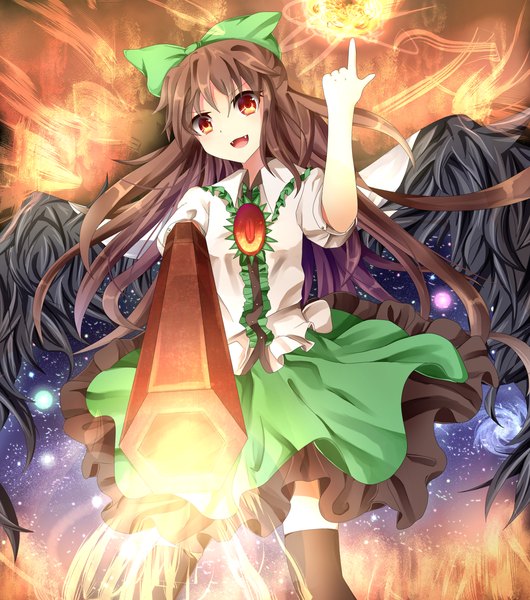 Anime picture 1251x1414 with touhou reiuji utsuho sanasanayukikuni single long hair tall image open mouth red eyes brown hair teeth fang (fangs) starry sky print arm cannon space print girl thighhighs dress bow weapon black thighhighs