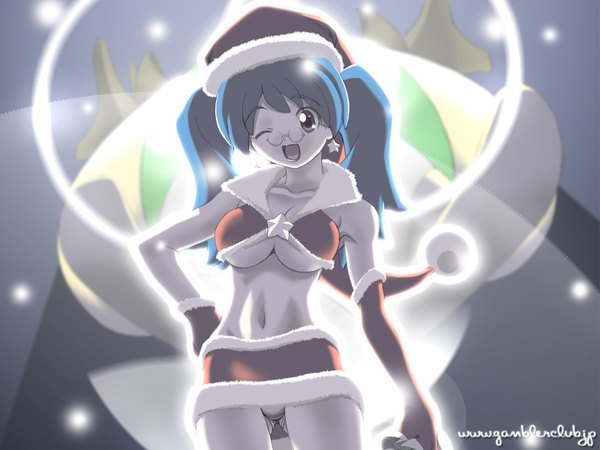 Anime picture 1600x1200 with keroro gunsou sunrise (studio) hinata aki gambler club single long hair looking at viewer breasts open mouth light erotic twintails brown eyes :d one eye closed aqua hair underboob christmas girl skirt gloves