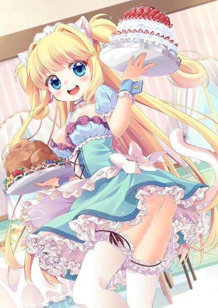 Anime picture 877x1239 with original moe2015 kuune rin single long hair tall image blush open mouth blue eyes light erotic blonde hair animal ears tail animal tail cat ears cat girl cat tail two side up girl thighhighs