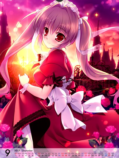 Anime picture 3822x5057 with original mikeou single long hair tall image blush highres blonde hair red eyes twintails absurdres looking back evening sunset calendar 2013 girl dress flower (flowers) ribbon (ribbons) hair ribbon