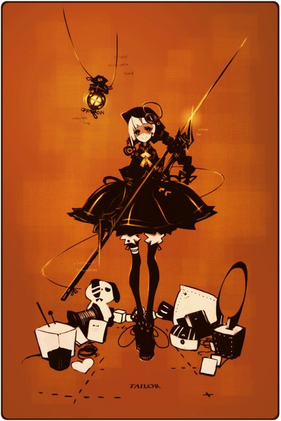 Anime picture 1339x2000 with original kiku (kicdoc) single tall image looking at viewer short hair smile white hair orange eyes girl dress ribbon (ribbons) boots heart bag lamp thread knickers needle