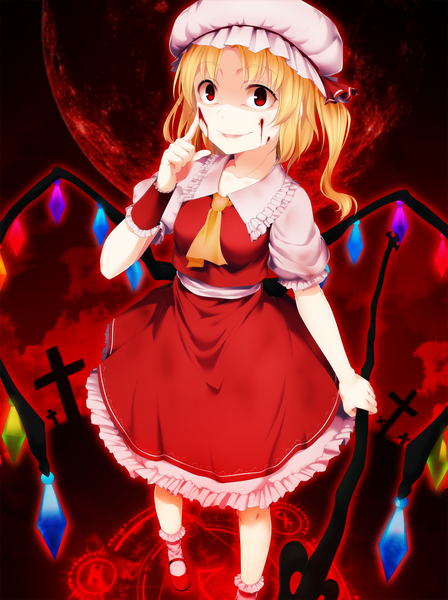 Anime picture 1513x2024 with touhou flandre scarlet eventh7 single long hair tall image blonde hair smile red eyes magic girl dress skirt weapon necktie blood cross bonnet skirt set staff