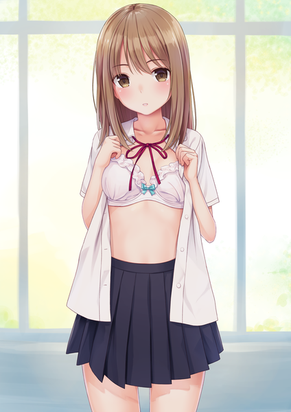 Anime picture 2894x4093 with original n.g. single long hair tall image looking at viewer blush fringe highres light erotic brown hair standing pleated skirt arm up bare belly open shirt embarrassed undressing girl skirt