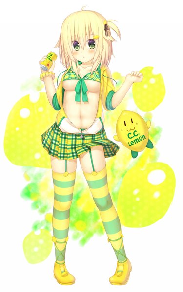 Anime picture 1250x2000 with original c.c. lemon c.c. lemon (character) wataru (zazazazazazawa) single tall image blush short hair breasts light erotic blonde hair standing green eyes full body one side up underboob girl thighhighs skirt navel