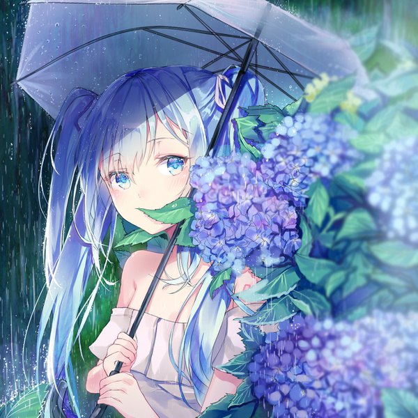 Anime picture 1300x1300 with vocaloid hatsune miku takitou single long hair looking at viewer blush fringe blue eyes hair between eyes twintails bare shoulders holding blue hair cleavage off shoulder rain covered mouth girl flower (flowers)