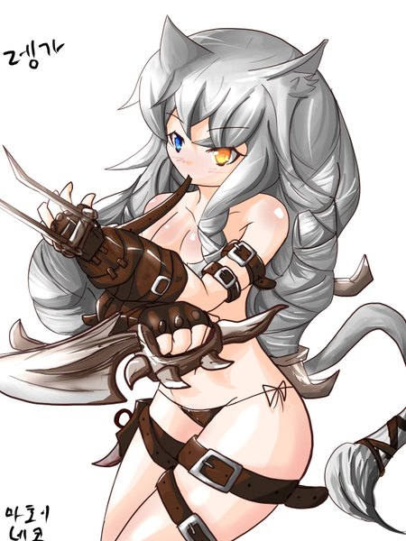 Anime picture 1200x1600 with league of legends rengar (league of legends) single long hair tall image blush blue eyes light erotic white background animal ears yellow eyes animal tail grey hair genderswap girl gloves underwear panties weapon claws