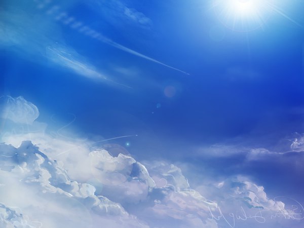 Anime picture 1460x1095 with sei-ten sky cloud (clouds) wallpaper landscape sun aircraft airplane
