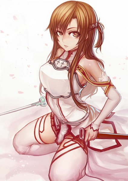 Anime picture 744x1052 with sword art online a-1 pictures yuuki asuna evan yang single long hair tall image looking at viewer simple background brown hair white background brown eyes girl thighhighs weapon detached sleeves petals white thighhighs sword
