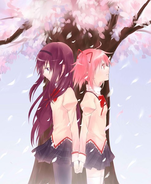 Anime picture 823x1000 with mahou shoujo madoka magica shaft (studio) akemi homura kaname madoka azmodan long hair tall image short hair black hair purple eyes twintails pink hair pink eyes cherry blossoms holding hands looking down looking up back to back thighhighs skirt
