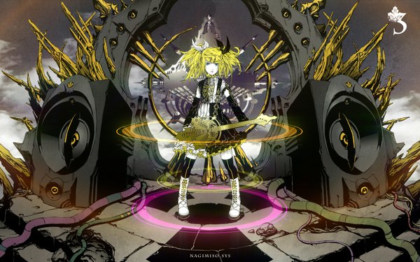 Anime picture 1920x1200 with vocaloid meltdown (vocaloid) kagamine rin nagimiso highres blonde hair wide image girl bow hair bow musical instrument wire (wires) guitar speakers