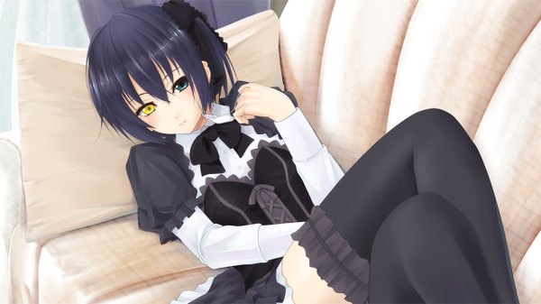 Anime picture 1280x720 with chuunibyou demo koi ga shitai! kyoto animation takanashi rikka zoom (artist) single looking at viewer short hair black hair wide image lying heterochromia one side up crossed legs girl thighhighs dress black thighhighs couch