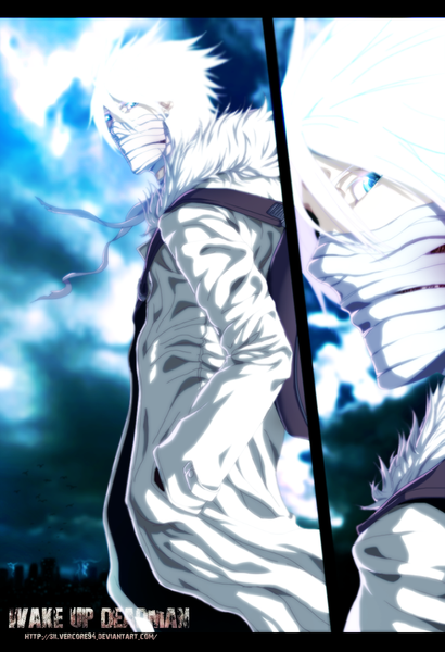 Anime picture 890x1300 with wake up deadman (manga) silvercore94 tall image short hair blue eyes sky cloud (clouds) white hair looking back inscription coloring city hand in pocket manga boy animal bird (birds) fur bandage (bandages)