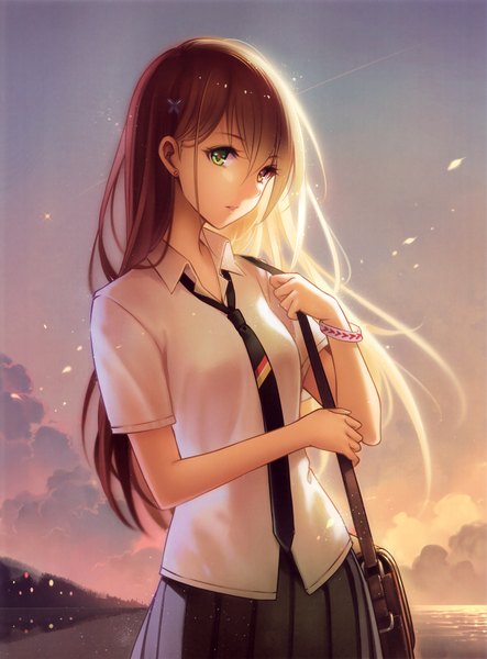 Anime picture 2246x3036 with original niya tidsean single long hair tall image looking at viewer highres brown hair pleated skirt scan heterochromia girl skirt shirt necktie bracelet bag