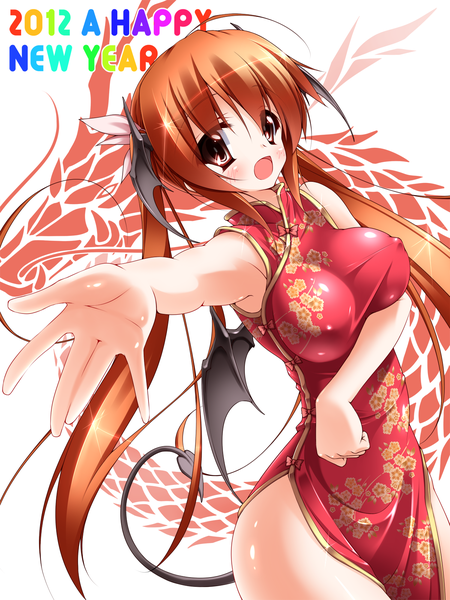 Anime picture 1200x1600 with touhou koakuma single long hair tall image blush breasts open mouth light erotic red eyes large breasts bare shoulders red hair tail erect nipples covered nipples chinese clothes new year fantasy 2012