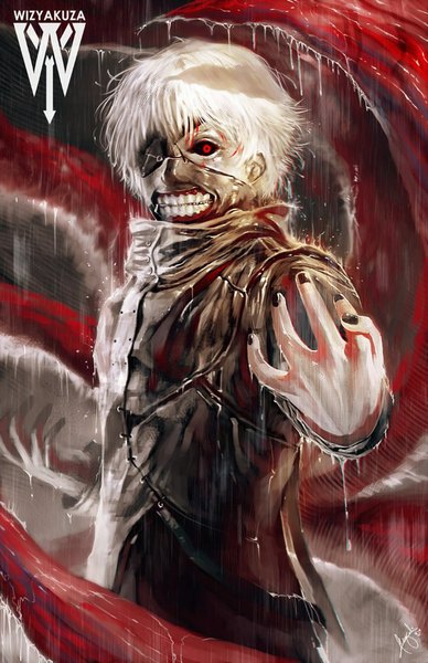 Anime picture 600x927 with tokyo ghoul studio pierrot kaneki ken wizyakuza single tall image looking at viewer fringe short hair red eyes standing white hair nail polish fingernails wet outstretched arm rain black sclera boy mask