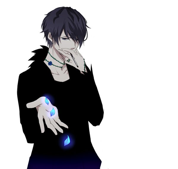 Anime picture 1051x1000 with ib (game) garry (ib) single fringe short hair black hair simple background white background hair over one eye smoking boy earrings petals cigarette blue rose