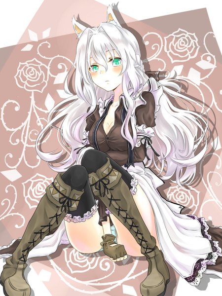 Anime picture 1200x1600 with original azuuru single long hair tall image looking at viewer blush light erotic simple background sitting green eyes animal ears white hair pantyshot pantyshot sitting girl thighhighs gloves underwear panties