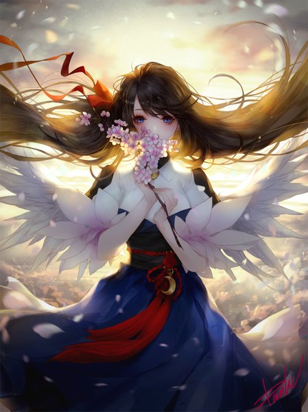 Anime picture 800x1068 with original danhu single tall image looking at viewer fringe breasts blue eyes hair between eyes standing holding signed sky cloud (clouds) ahoge very long hair wind sunlight cherry blossoms evening