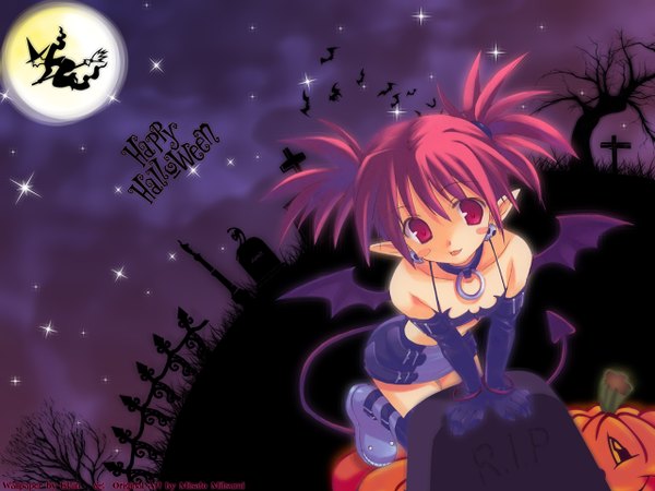 Anime picture 1280x960 with disgaea etna (disgaea) tagme (artist) twintails tail loli halloween demon girl demon tail demon wings witch silhouette happy halloween posing girl earrings wings choker boots star (stars)