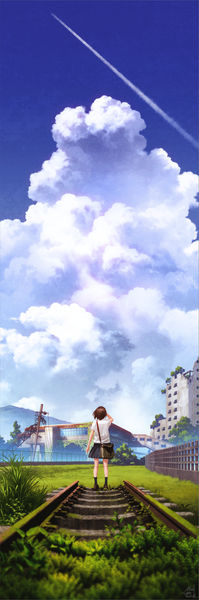 Anime picture 466x1400 with original mocha (cotton) single tall image short hair brown hair standing sky cloud (clouds) full body from behind depth of field condensation trail girl plant (plants) building (buildings) bag grass house aircraft