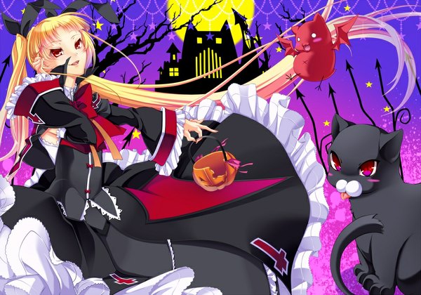 Anime picture 1000x701 with blazblue rachel alucard gii nago sayo wini long hair blush open mouth blonde hair red eyes teeth fang (fangs) lolita fashion goth-loli girl dress bow hair bow wings tongue