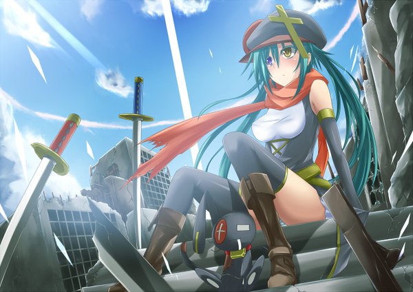 Anime picture 1412x1000 with original rebecca arcane rebecca archein suterii single sitting green hair heterochromia ruins girl thighhighs weapon black thighhighs hat detached sleeves sword boots scarf building (buildings) cross