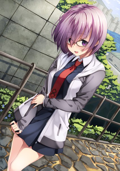 Anime picture 1413x2000 with fate (series) fate/grand order mash kyrielight unasaka ryou single tall image looking at viewer fringe short hair open mouth smile standing purple eyes pink hair outdoors head tilt hair over one eye open jacket holding arm girl