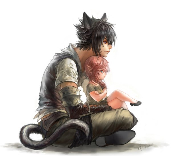 Anime picture 2500x2291 with final fantasy final fantasy xv square enix lightning farron noctis lucis caelum fenbei long hair highres short hair blue eyes black hair simple background white background sitting signed animal ears pink hair tail animal tail profile