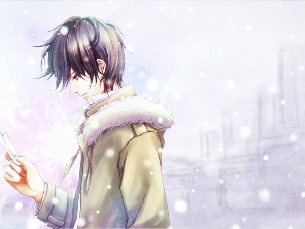Anime picture 1000x750 with vocaloid jade single short hair red eyes brown hair holding profile light smile open clothes open jacket looking down snowing winter snow boy shirt jacket fur paper