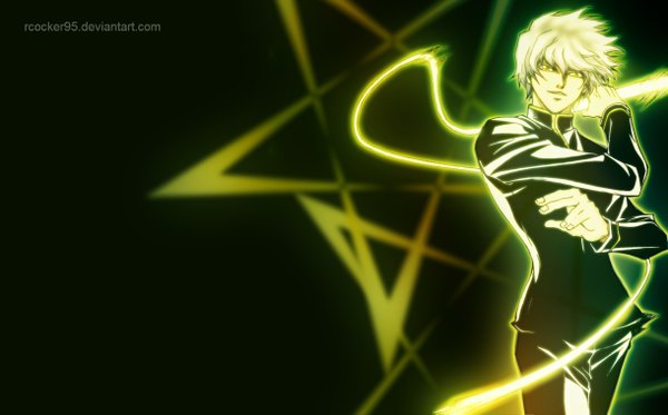 Anime picture 1220x759 with code: breaker kinema citrus heike masomi rcocker95 (artist) single looking at viewer short hair smile wide image yellow eyes white hair dark background boy