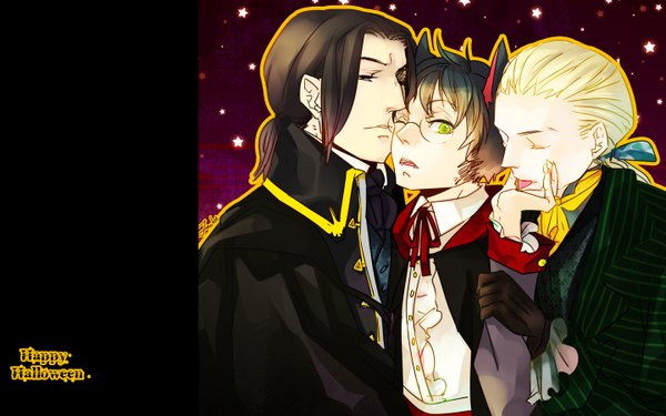 Anime picture 1440x900 with harry potter severus snape harry potter (character) draco malfoy tagme (artist) short hair simple background blonde hair brown hair wide image green eyes ponytail pointy ears multiple boys black background halloween wolf ears shounen ai happy halloween boy