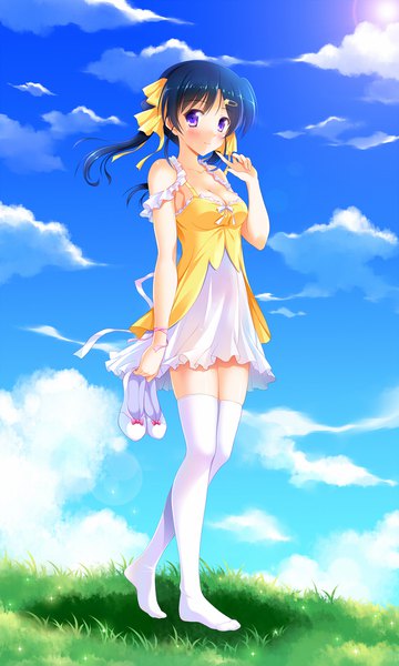 Anime picture 1200x2000 with original bashen chenyue single long hair tall image looking at viewer blush black hair purple eyes sky cloud (clouds) girl thighhighs bow hair bow white thighhighs sundress