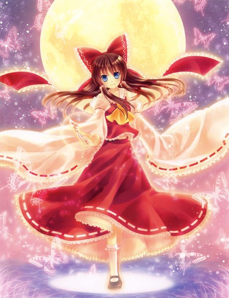 Anime picture 3083x4003 with touhou hakurei reimu yashiro seika single long hair tall image highres blue eyes smile brown hair absurdres miko girl skirt bow hair bow detached sleeves socks insect butterfly